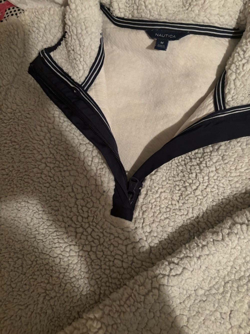 Nautica Cream Sherpa Half-Zip Pullover with Navy Trim